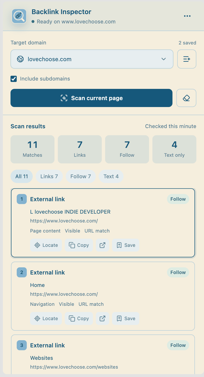 Backlink Inspector extension scan results