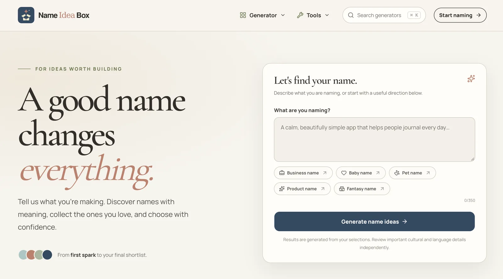NameIdeaBox website home page
